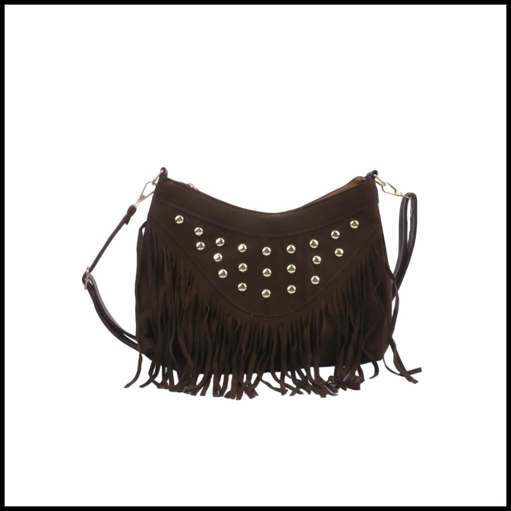 Vegan Suede Fringe Hobo Bag Crossbody Shoulder Messenger Purse Vintage Boho